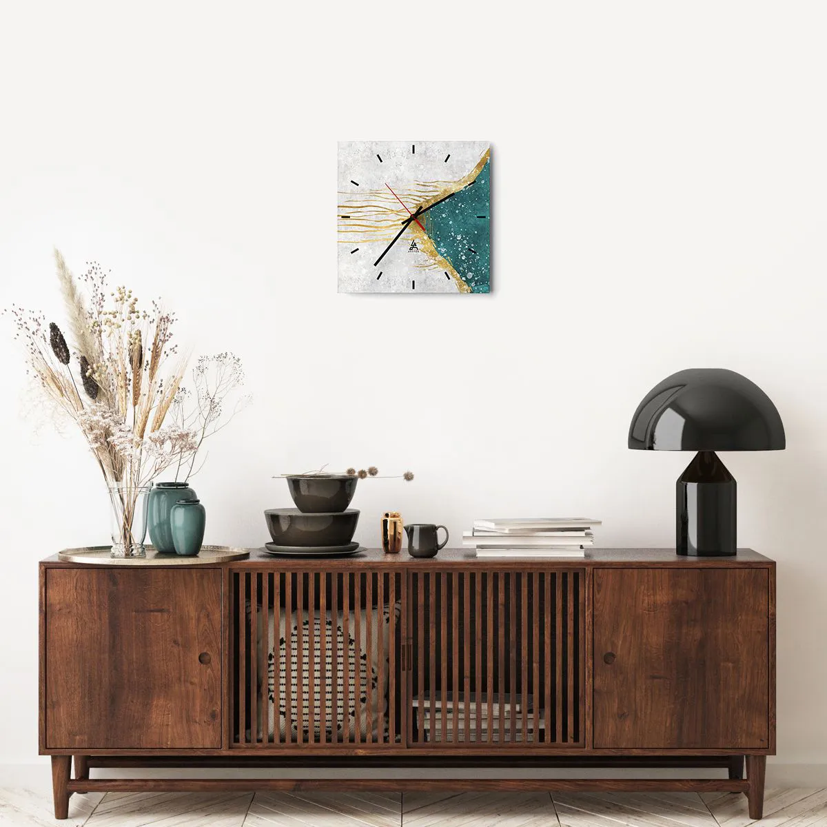 Wanduhr - Glasuhr - Eine abstrakte Komposition in Gold- und Türkistönen - 30x30cm - Goldene Flut - Moderne Wanddekoration für Wohnzimmer und Schlafzimmer ARTTOR