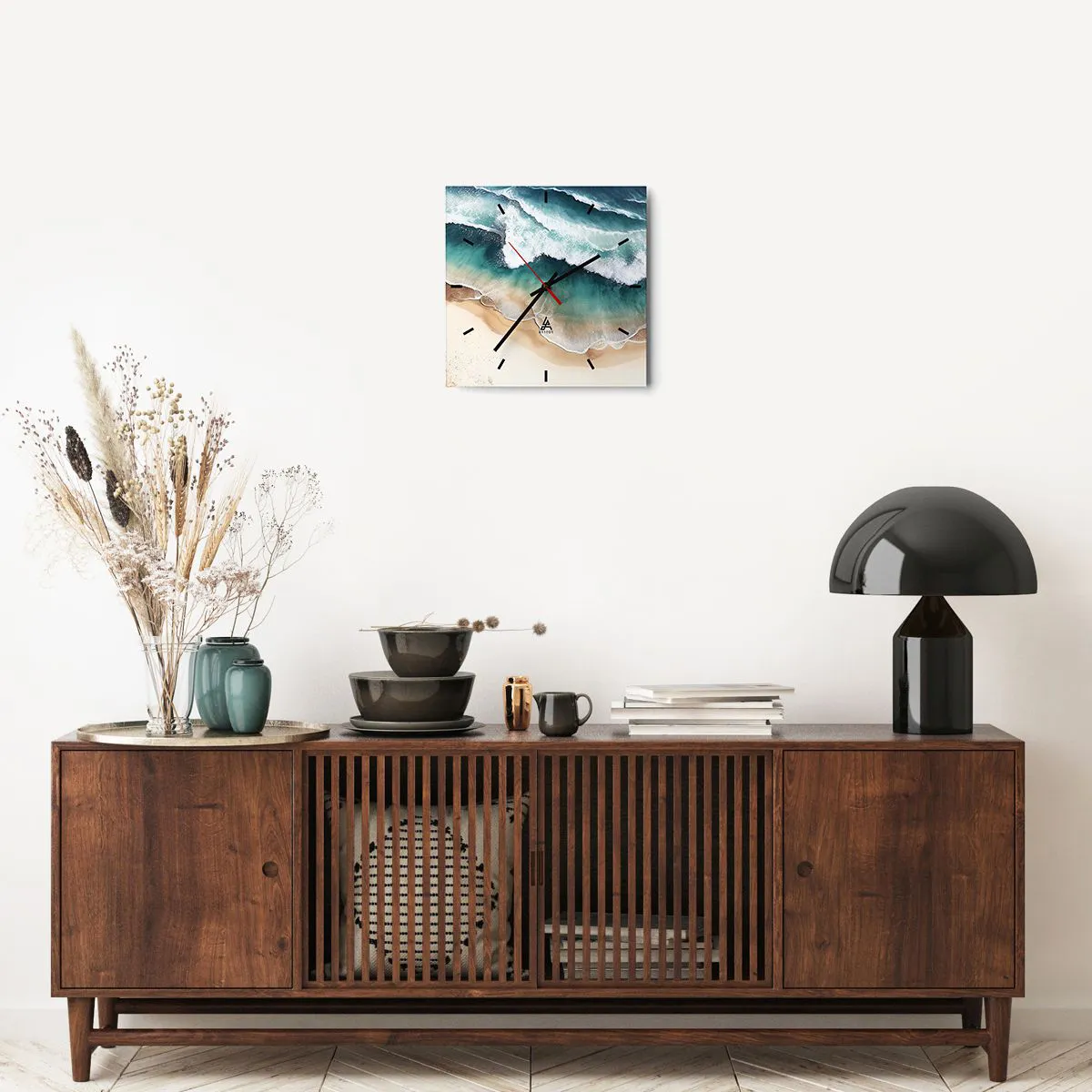Reloj de pared - Reloj de vidrio - Vista de la playa y las olas del mar en tonos turquesa. - 30x30cm - Un encuentro eterno - Decoración de pared moderna para salón y dormitorio ARTTOR