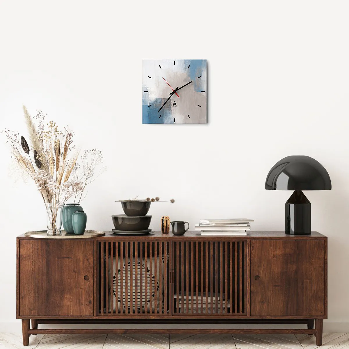 Ceas de perete - Ceas pe sticlă - Abstracție roz în spatele unui voal de albastru - 30x30 cm