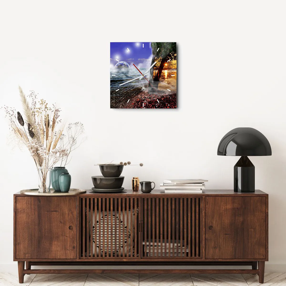Väggklocka - Klocka på glas - Surrealistiskt landskap - naturens enighet - 40x40 cm