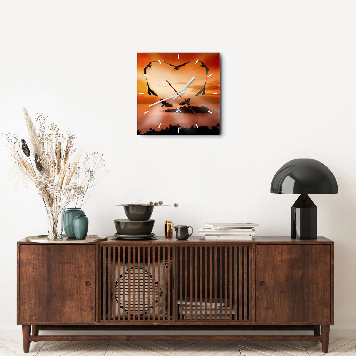 Ceas de perete - Ceas pe sticlă - Iubește lumea ca o pasăre - 40x40 cm