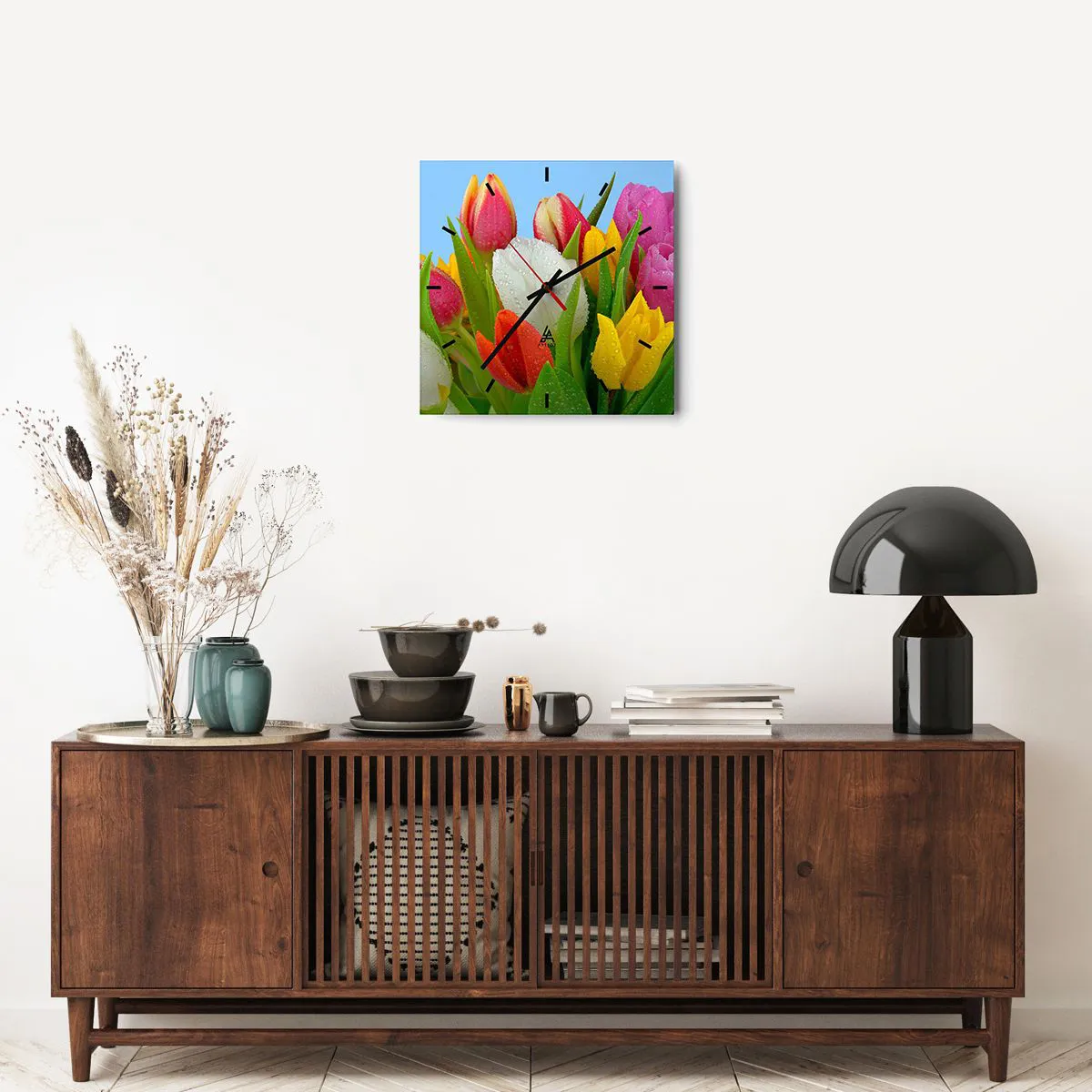 Wall clock - Clock on glass - Floral Rainbow in Dew Drops - 40x40 cm