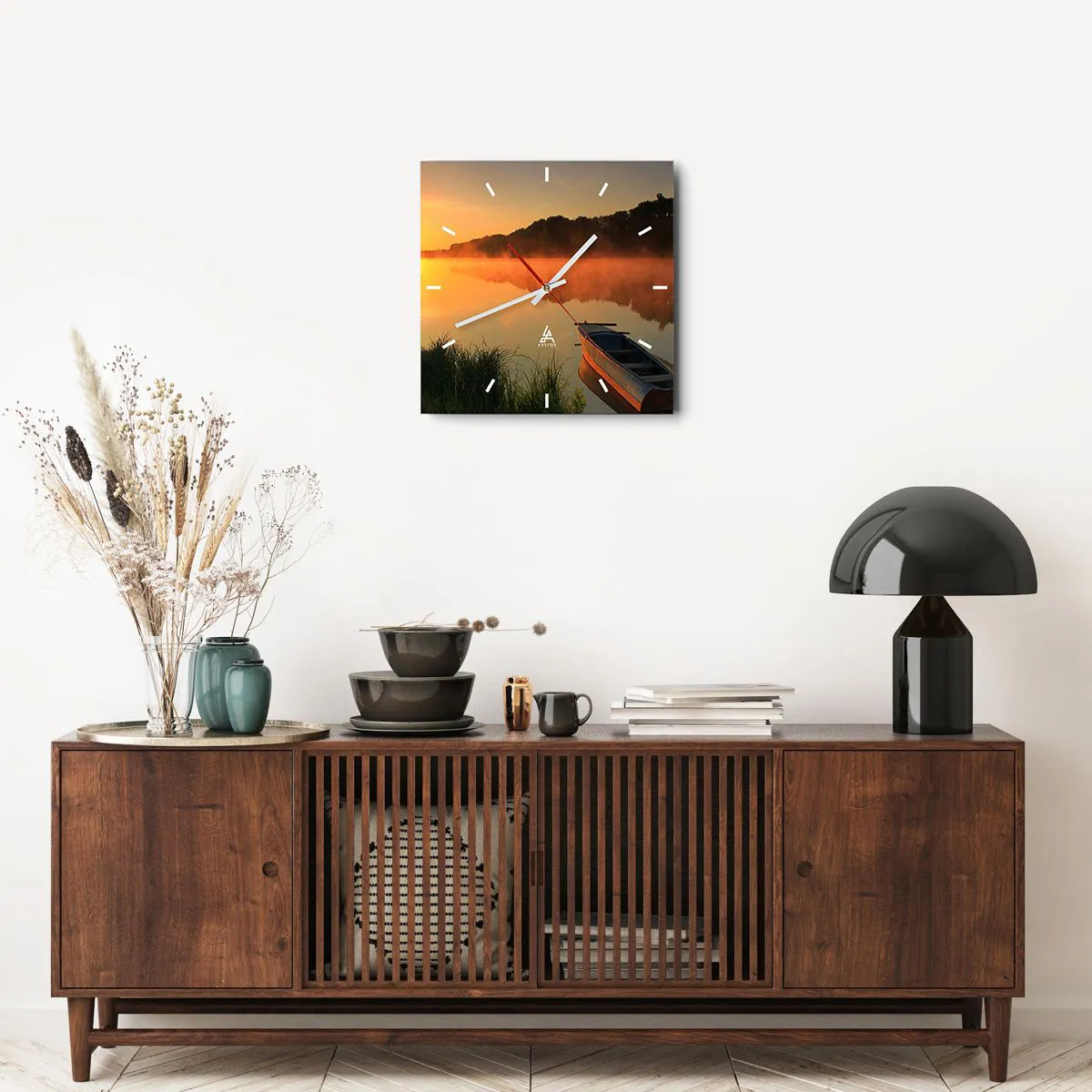 Relógio de parede - Relógio em vidro - Nascer do sol sobre a água como um espelho - 40x40 cm