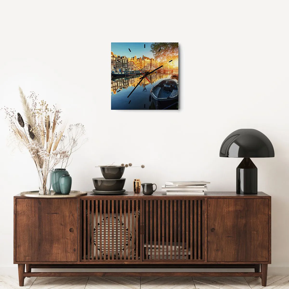 Ceas de perete - Ceas pe sticlă - Dimineața în Amsterdam - 40x40 cm