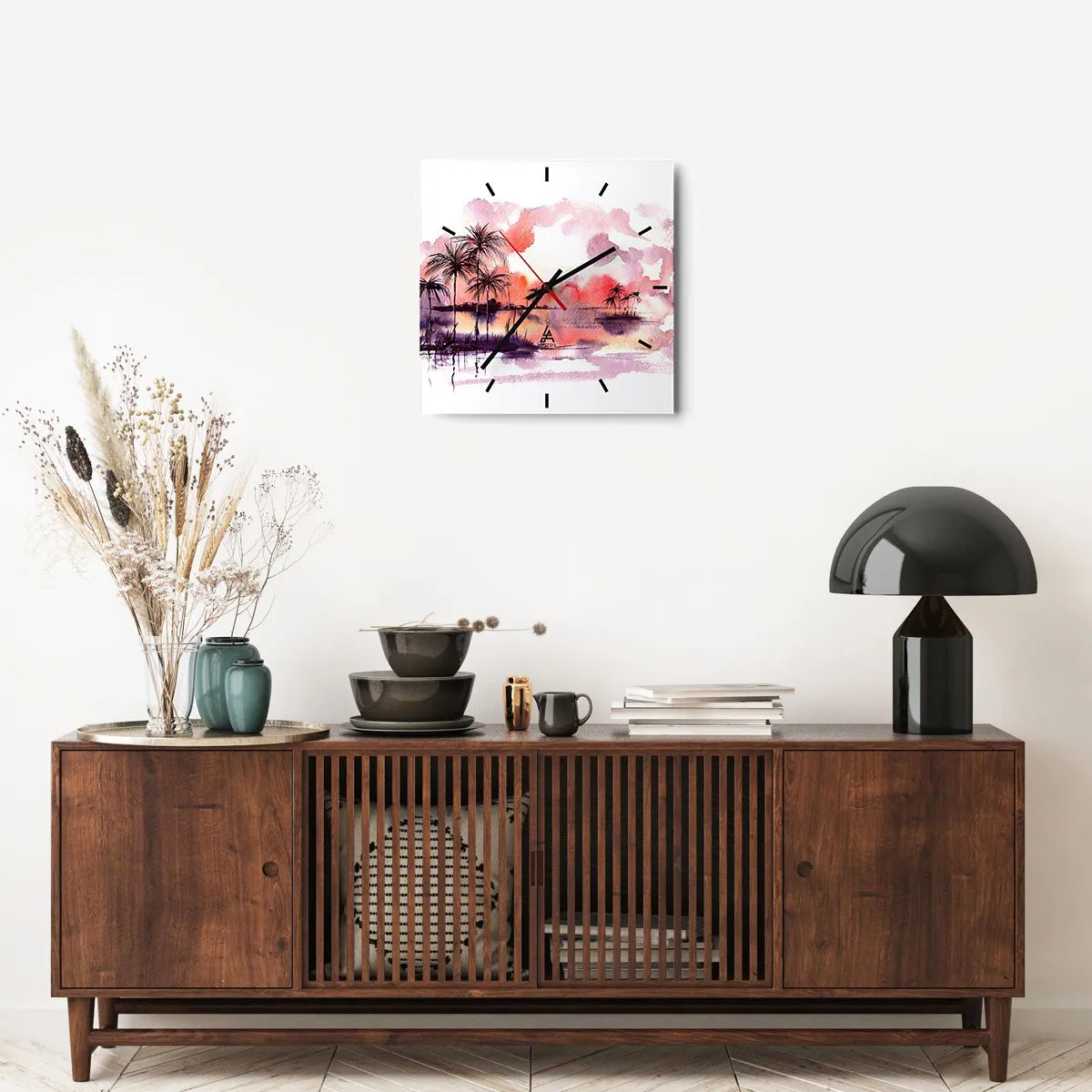 Väggklocka - Klocka på glas - Tropikens ro i rött - 40x40 cm