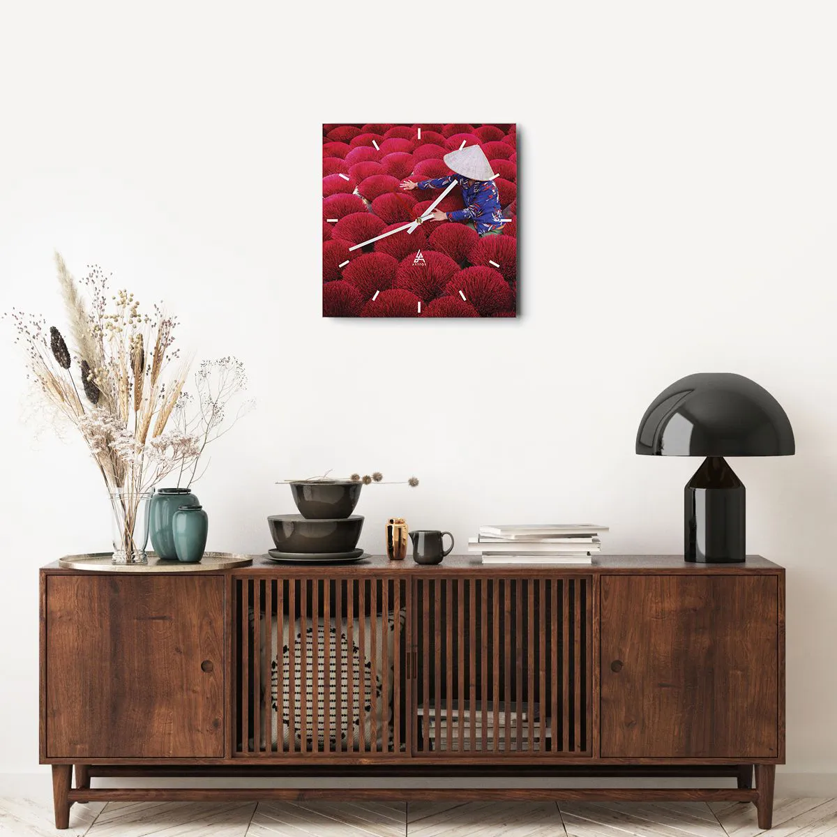 Ceas de perete - Ceas pe sticlă - Într-un câmp de orez - 40x40 cm