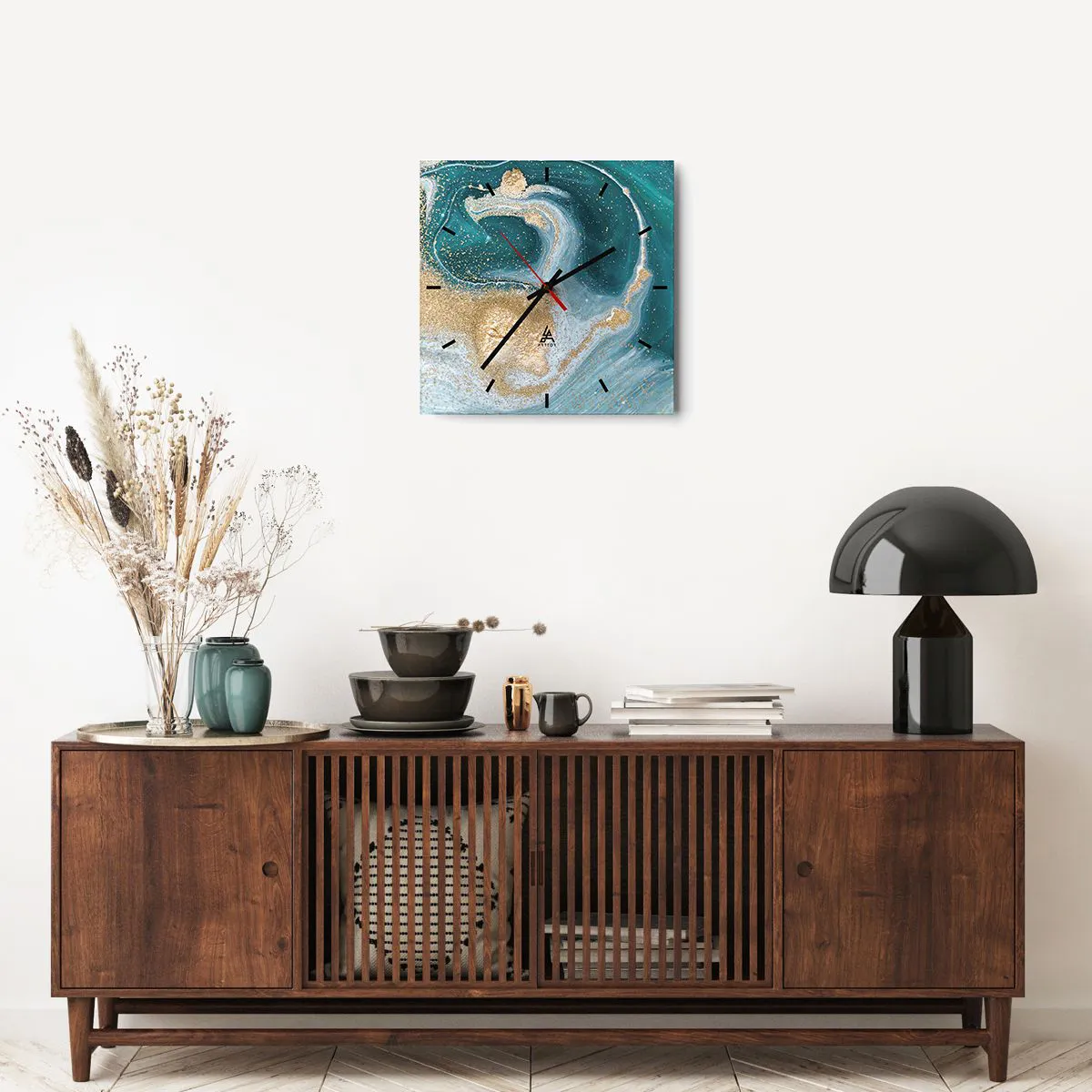 Relógio de parede - Relógio em vidro - Um vórtice de ouro e turquesa - 40x40 cm