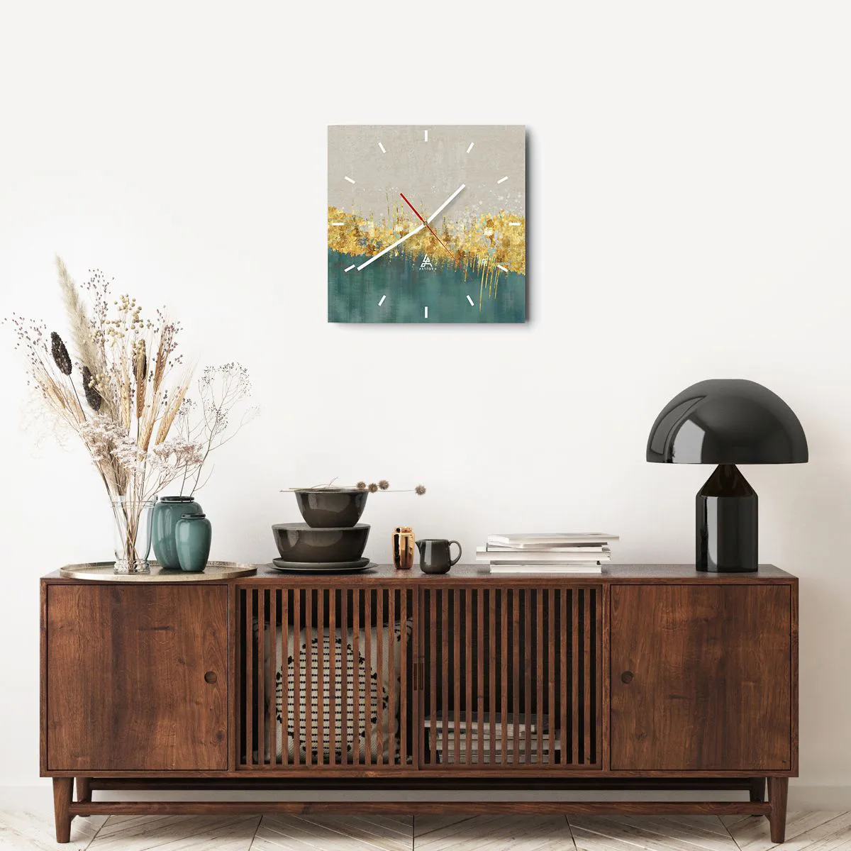 Wall clock - Clock on glass - Golden Border - 40x40 cm