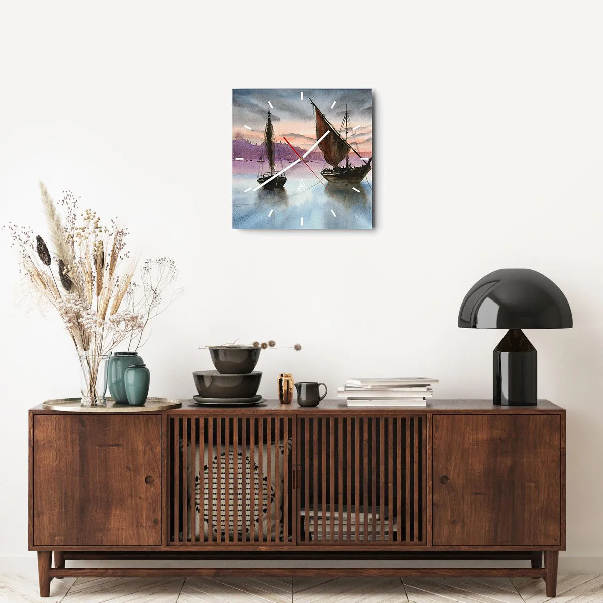 Ceas de perete - Ceas pe sticlă - O seară în port - 40x40 cm