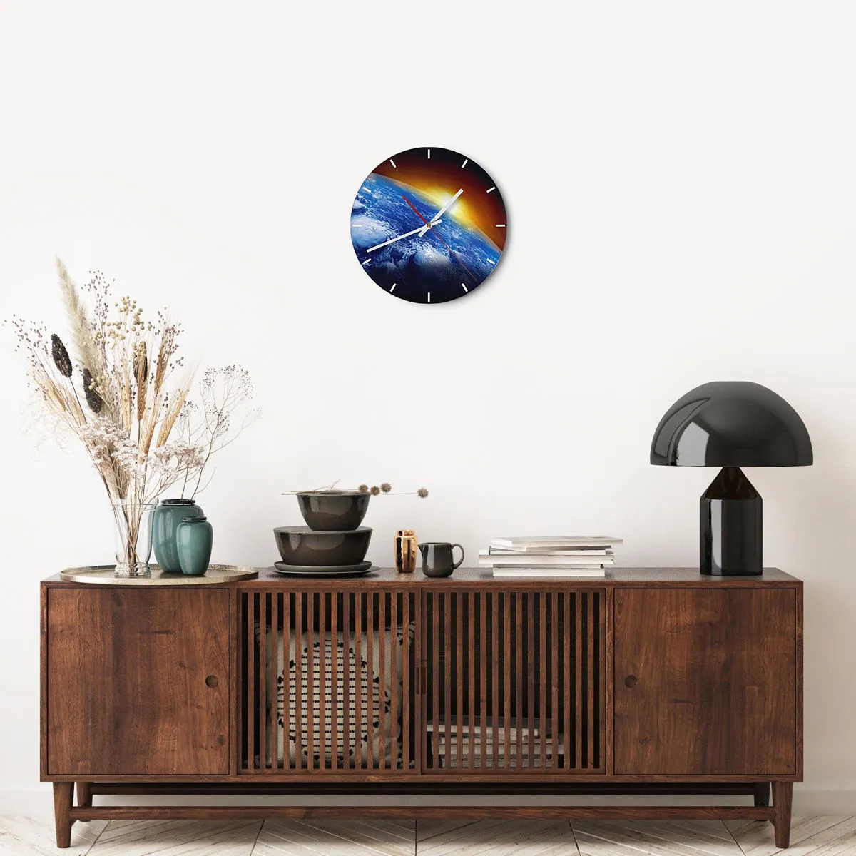 Wall clock - Clock on glass - Sunrise over Earth as seen from space - 30x30cm - Sunrise by the Blue Planet - Modern wall decoration for the living room, kitchen, and bedroom ARTTOR
