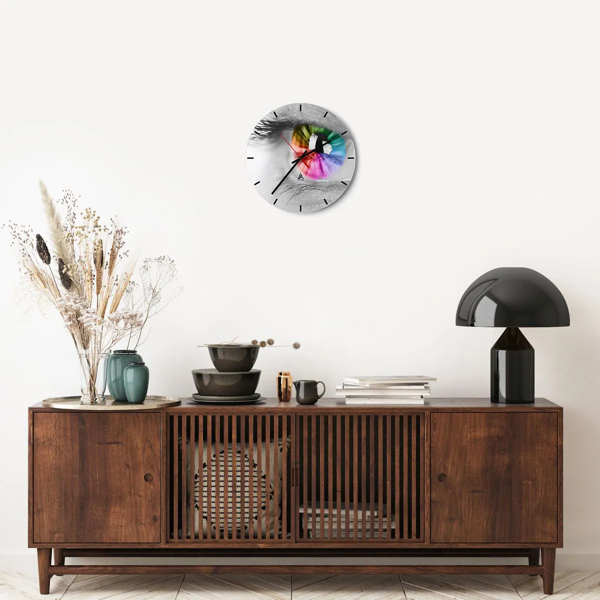 Nástenné hodiny - Farebné oko v čiernobielom ráme - 30x30cm - Pozerať sa na svet farebne - Moderná nástenná dekorácia do obývacej izby, kuchyne a spálne ARTTOR