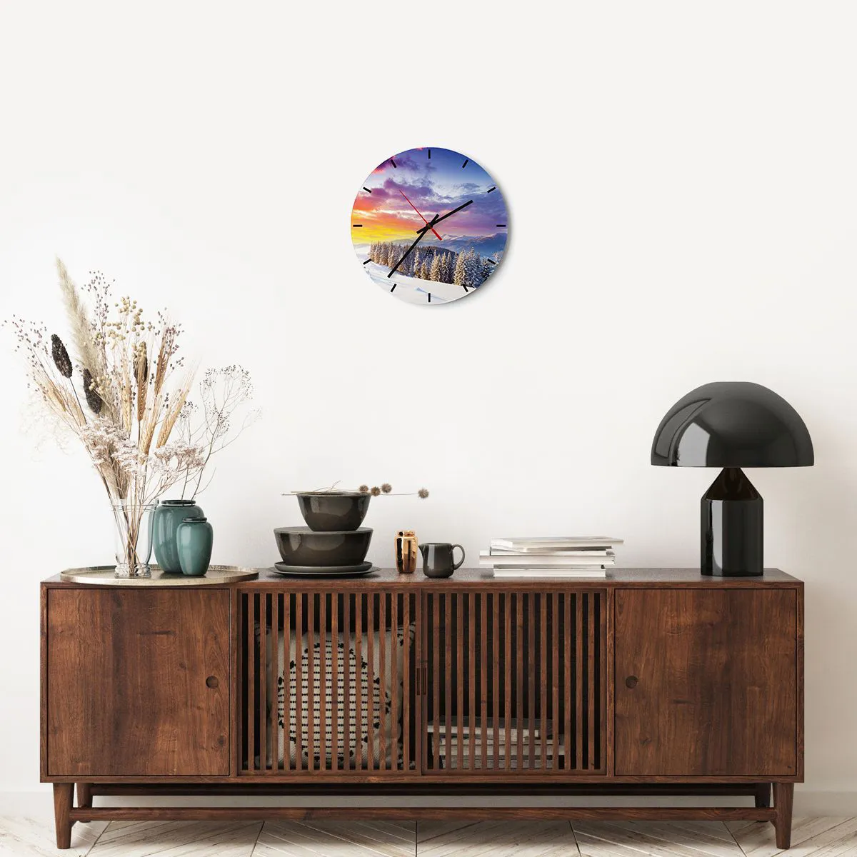 Wall clock - Clock on glass - Clock face with a winter landscape and the setting sun - 30x30cm - In Plain Daylight - Modern wall decoration for the living room, kitchen, and bedroom ARTTOR