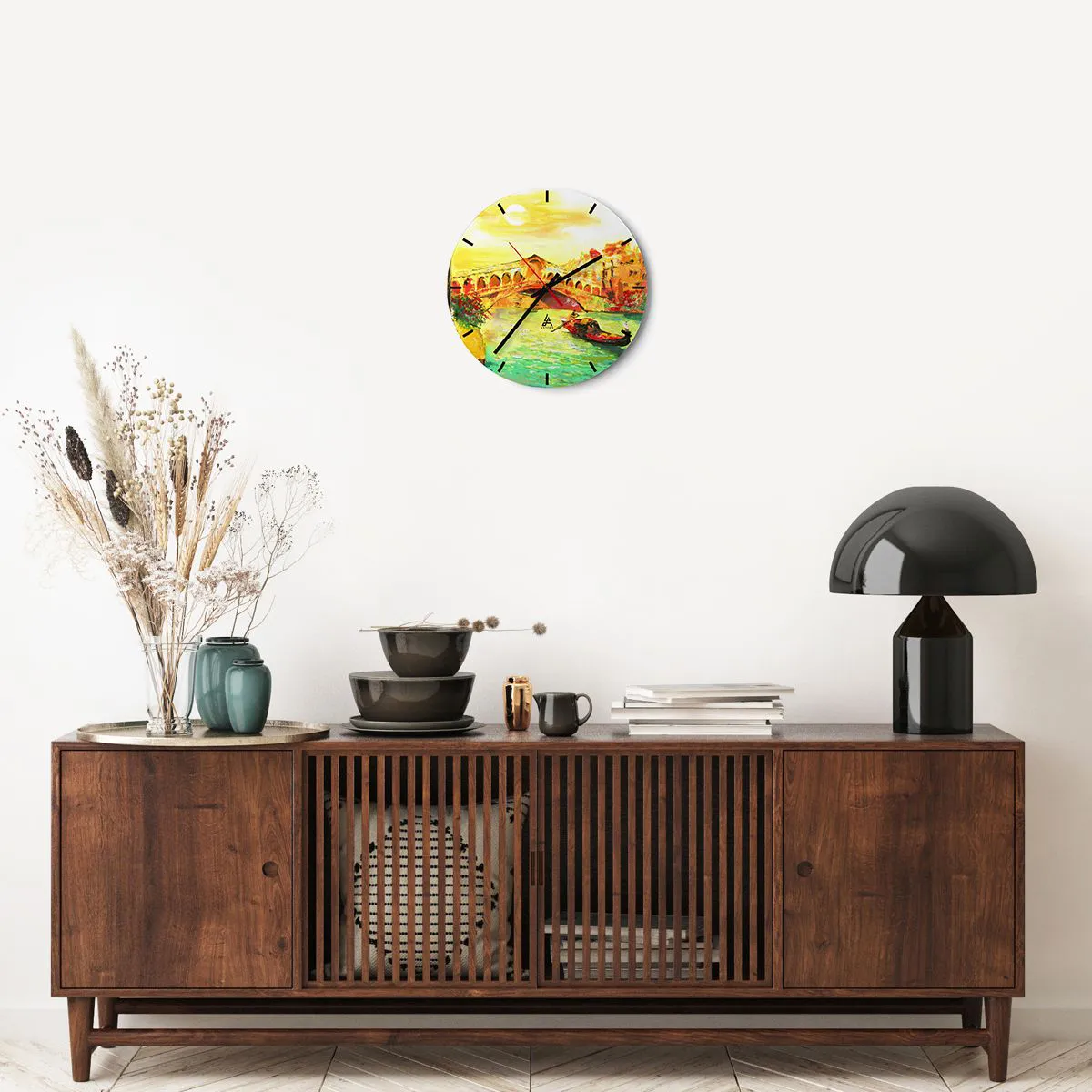 Relógio de parede - Relógio em vidro - Uma cena com uma gôndola tendo como pano de fundo uma ponte em cores douradas - 30x30cm - Romaria dos amantes - Decoração de parede moderna para a sala de estar, cozinha e quarto ARTTOR