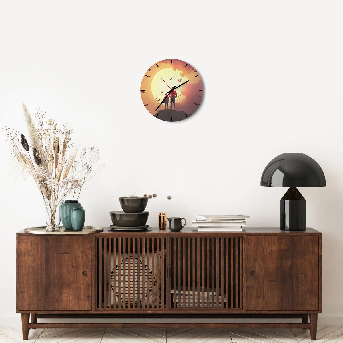 Wall clock - Clock on glass - Figures against the backdrop of the setting sun and birds - 30x30cm - Face to Face with the Sun - Modern wall decoration for the living room, kitchen, and bedroom ARTTOR