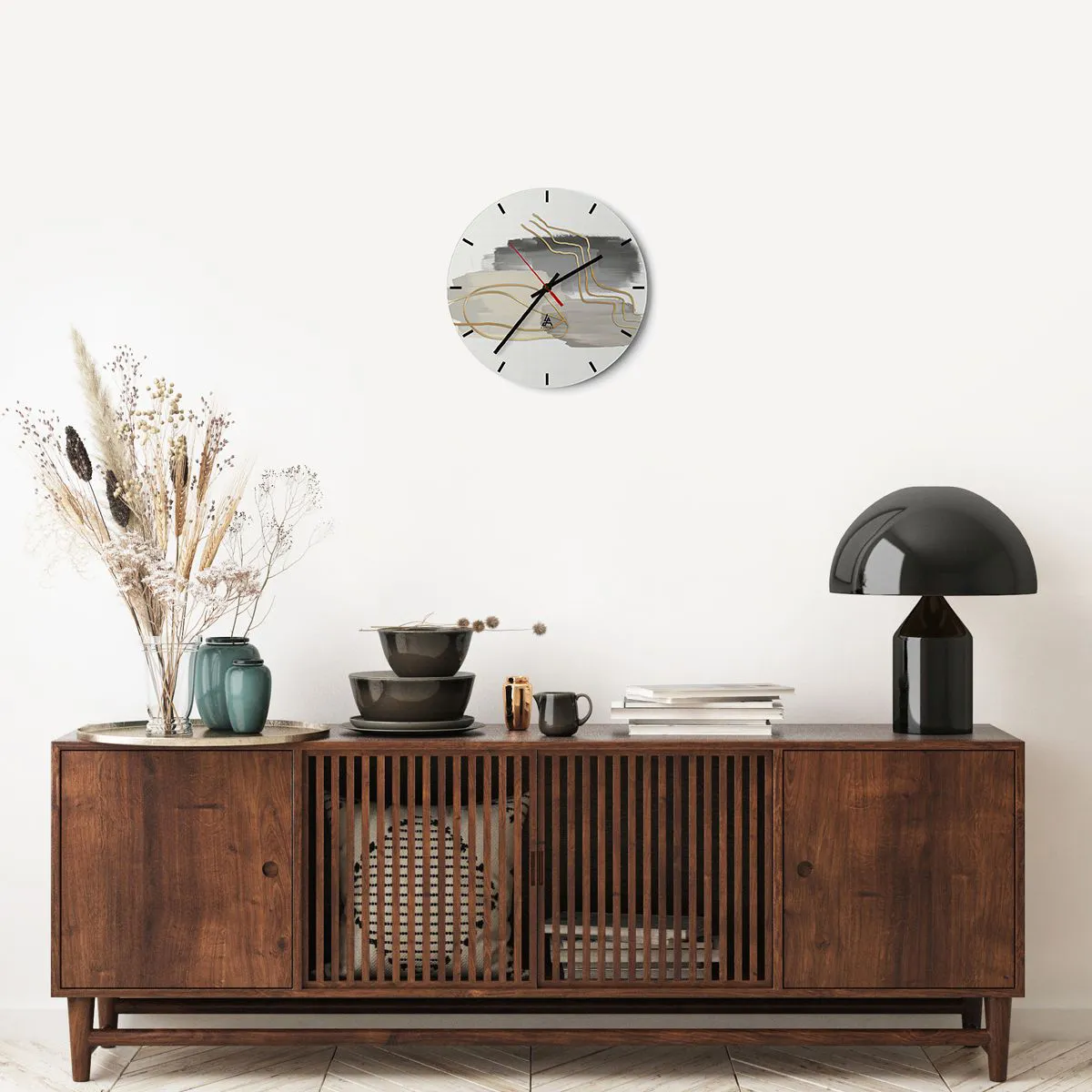 Wanduhr - Glasuhr - Abstrakte Komposition mit grauen und goldenen Linien - 30x30cm - Dauer und Bewegung - Moderne Wanddekoration für Wohnzimmer, Küche und Schlafzimmer ARTTOR