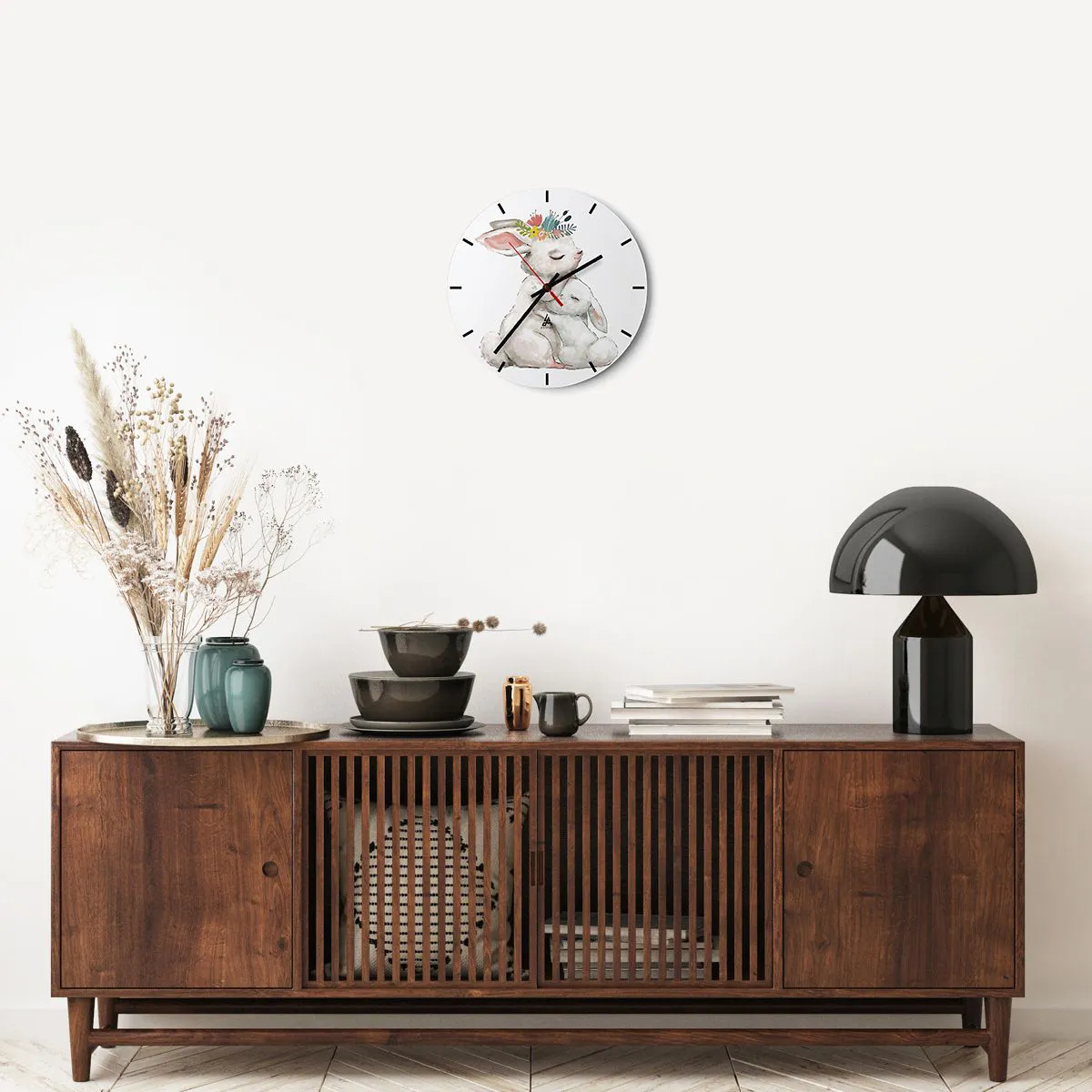 Reloj de pared - Reloj de vidrio - Dos conejitos de peluche, el más grande con una corona de flores. - 30x30cm - En ningún lugar mejor que con mamá - Decoración de pared moderna para salón, cocina y dormitorio ARTTOR