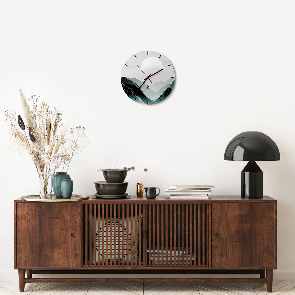 Relógio de parede - Relógio em vidro - Uma paisagem montanhosa minimalista com uma grande lua - 30x30cm - Em plena majestade - Decoração de parede moderna para a sala de estar, cozinha e quarto ARTTOR