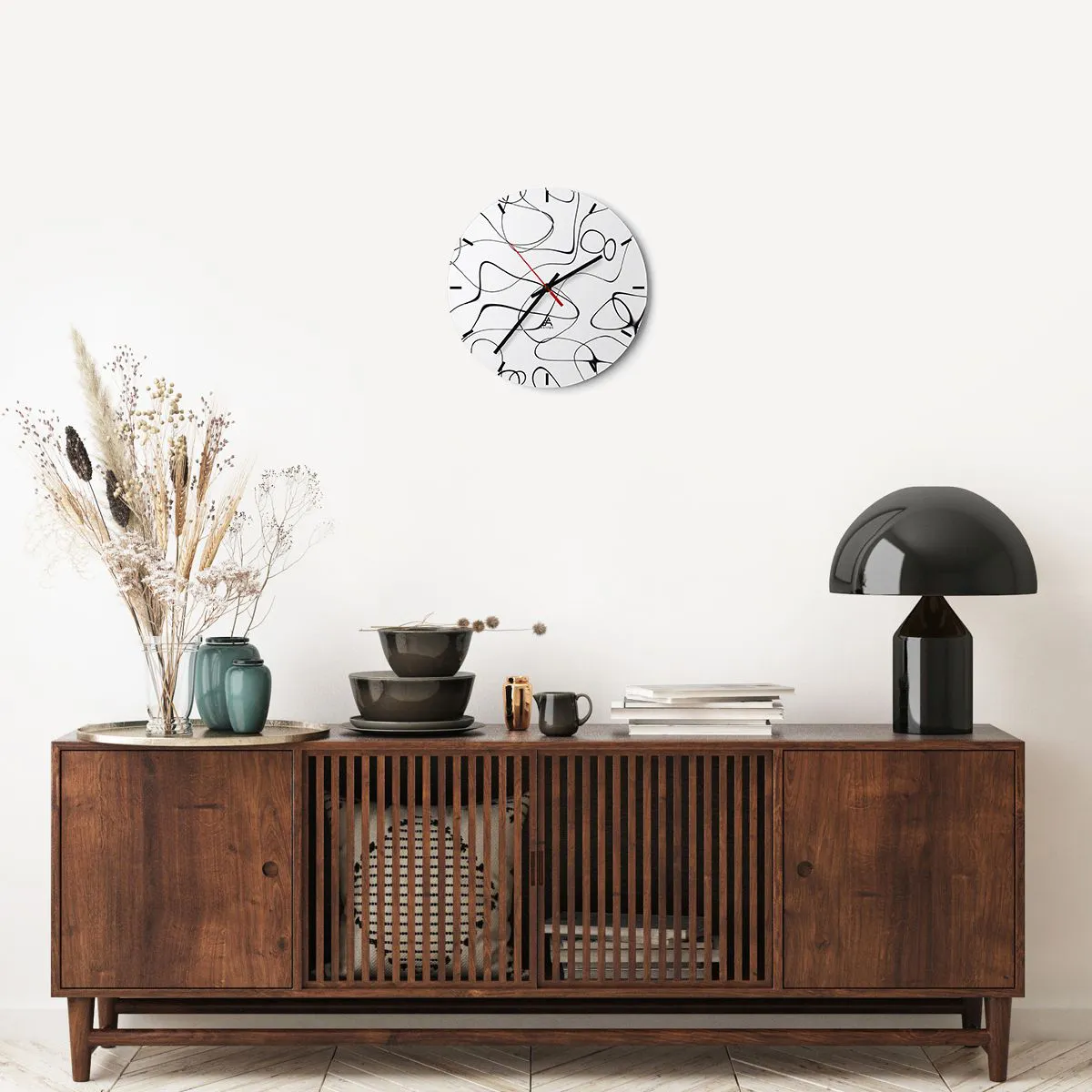 Wall clock - Clock on glass - Black abstract lines on a white background - 30x30cm - Life Paths, Trails of Fortune - Modern wall decoration for the living room, kitchen, and bedroom ARTTOR