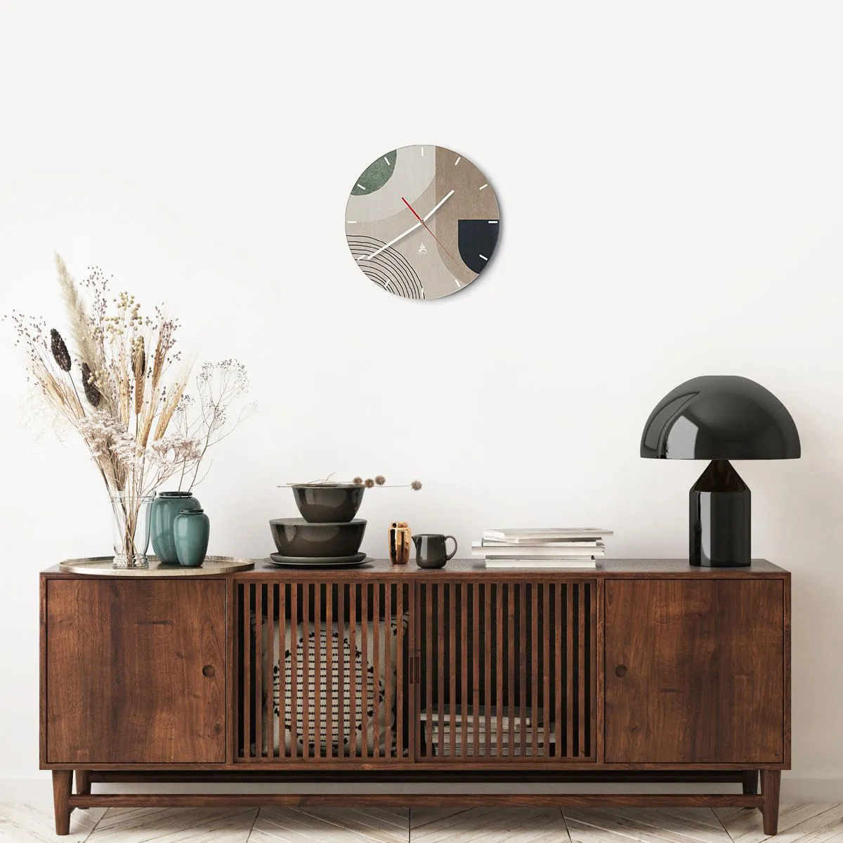 Vægur, Uret - Dæmpede ovale former med buer og jordfarver - 30x30cm - Blidheden i en oval - Moderne vægdekoration til stue, køkken og soveværelse ARTTOR