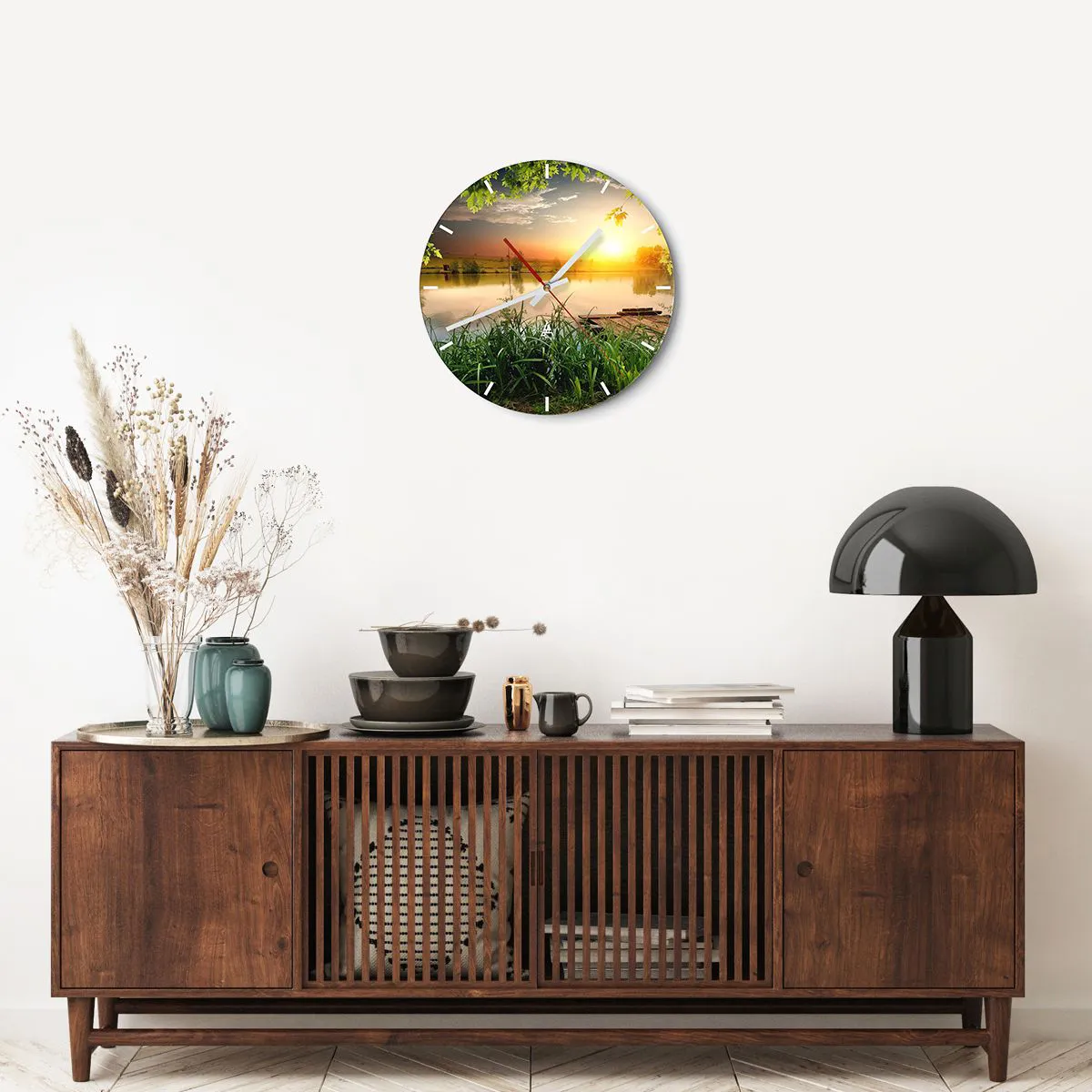 Nástěnné hodiny - Krajina v zeleném rámu - 40x40 cm