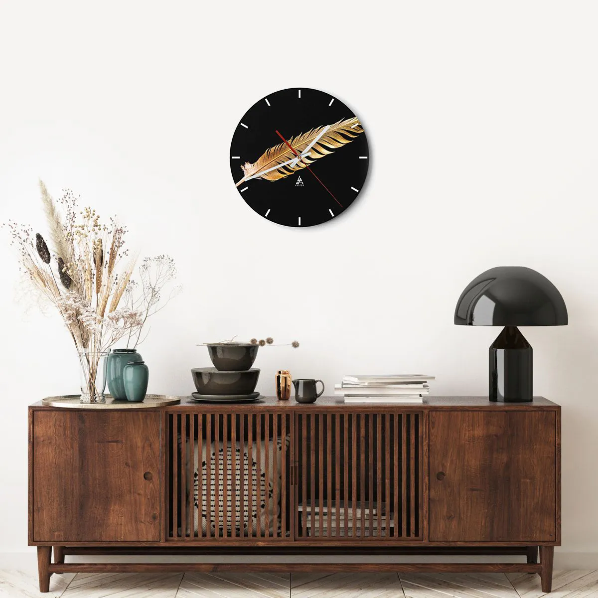 Ceas de perete - Ceas pe sticlă - Pană aurie perfectă - 40x40 cm