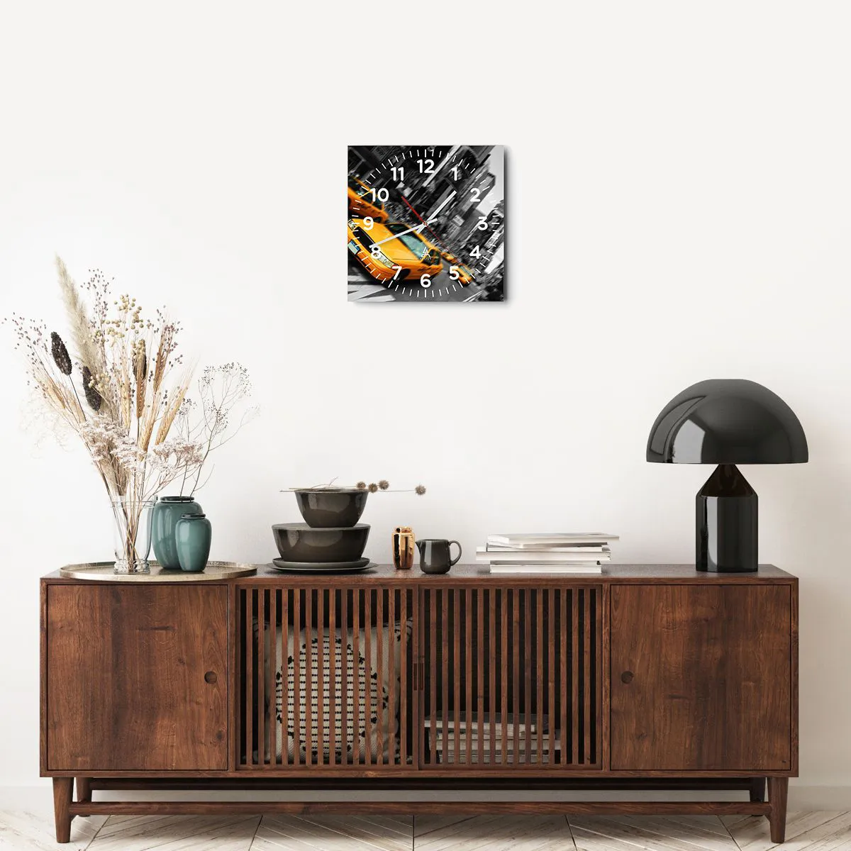 Ceas de perete - Ceas pe sticlă - Picături de soare la New York - 30x30 cm