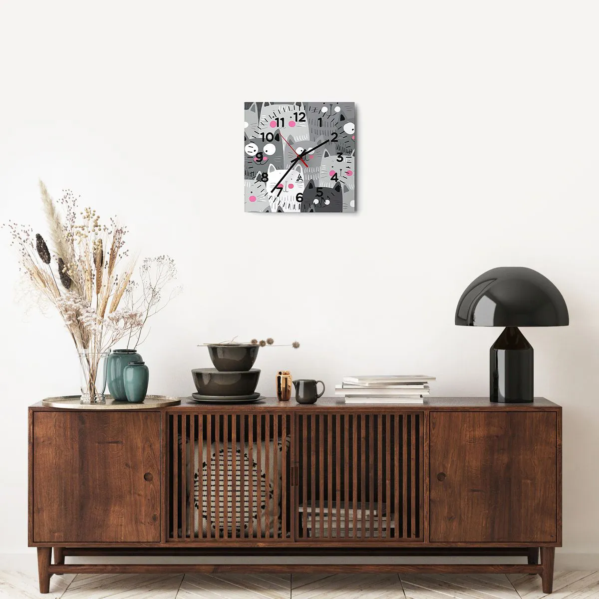 Ceas de perete - Ceas pe sticlă - Lumea felină - 30x30 cm