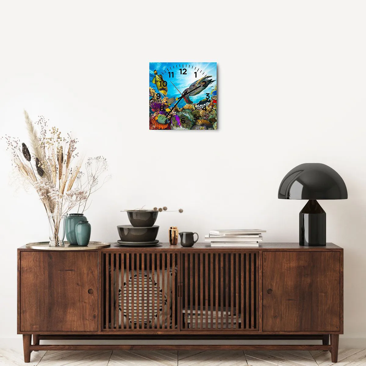 Ceas de perete - Ceas pe sticlă - Promenada de corali - 30x30 cm