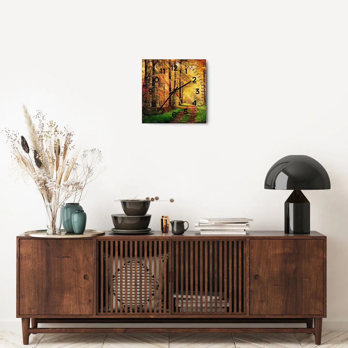 Wall clock - Clock on glass - Forest Golden silence - 30x30 cm