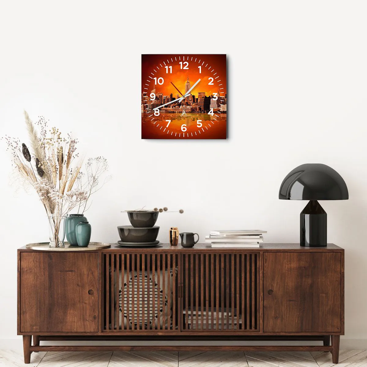 Wanduhr - Glasuhr - Das Großstadtpanorama in Gelb und Bronze - 40x40 cm