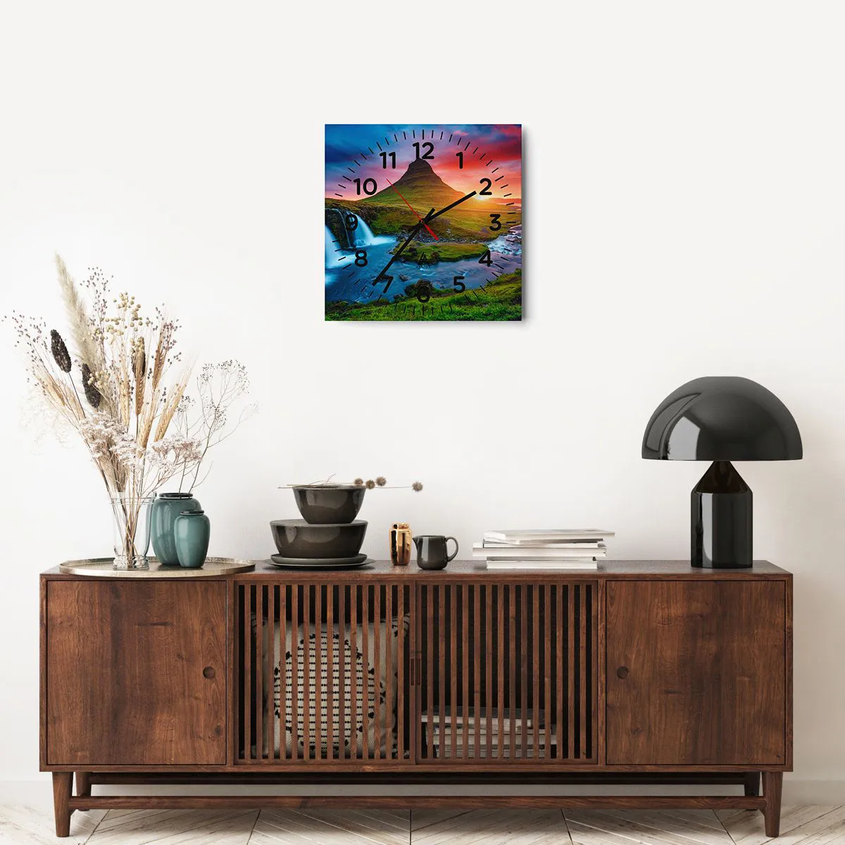 Relógio de parede - Relógio em vidro - Islândia - fogo e água - 40x40 cm