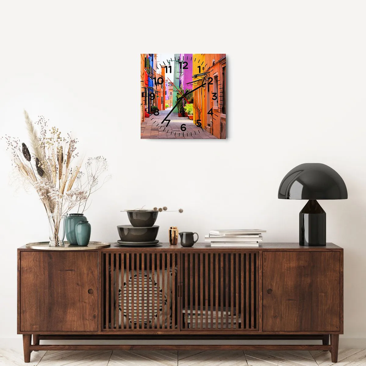 Relógio de parede - Relógio em vidro - Beco arco-íris - 40x40 cm