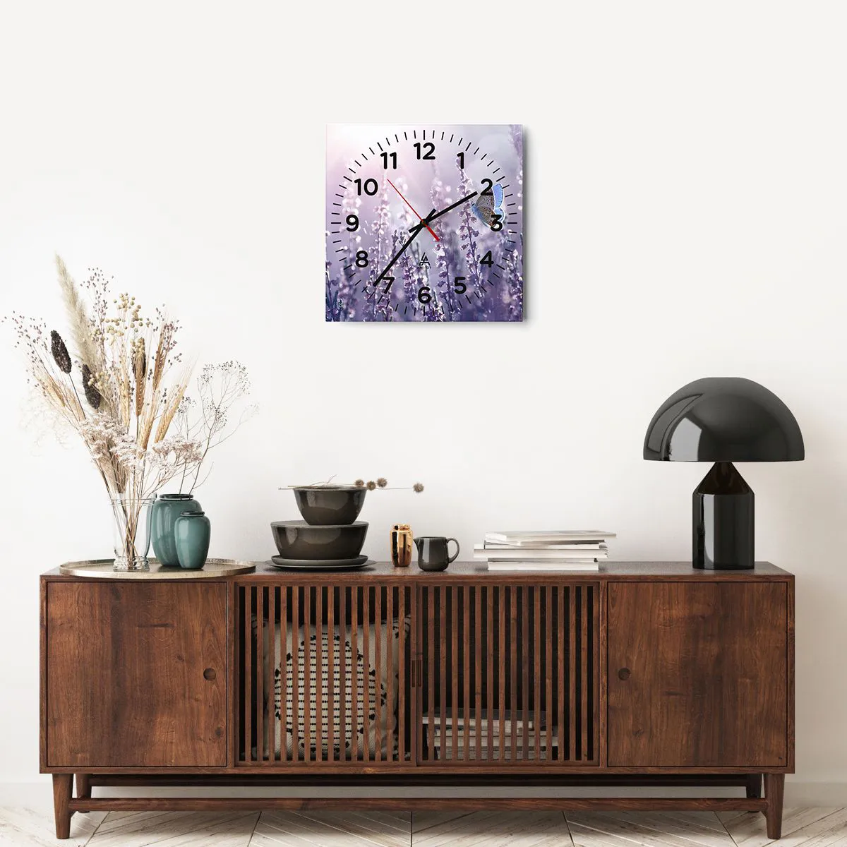 Ceas de perete - Ceas pe sticlă - Sărut de fluture - 40x40 cm