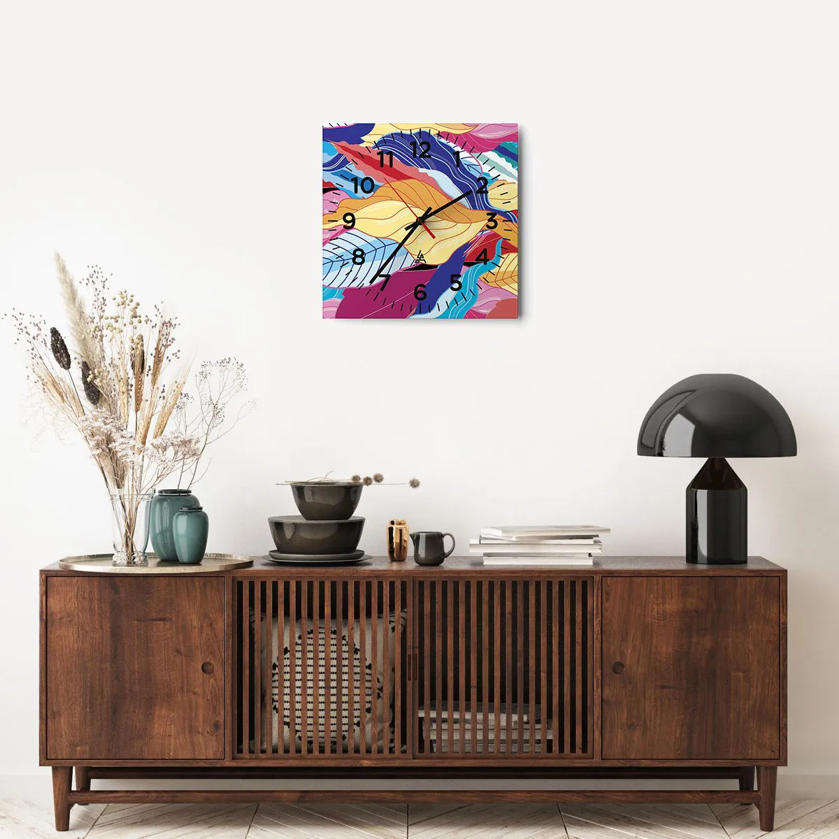 Väggklocka - Klocka på glas - Färgglad röra - 40x40 cm