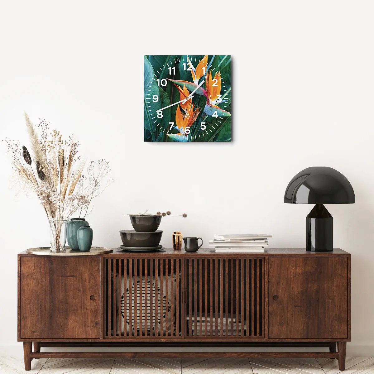 Väggklocka - Klocka på glas - Är det en blomma, eller en fågel? - 40x40 cm