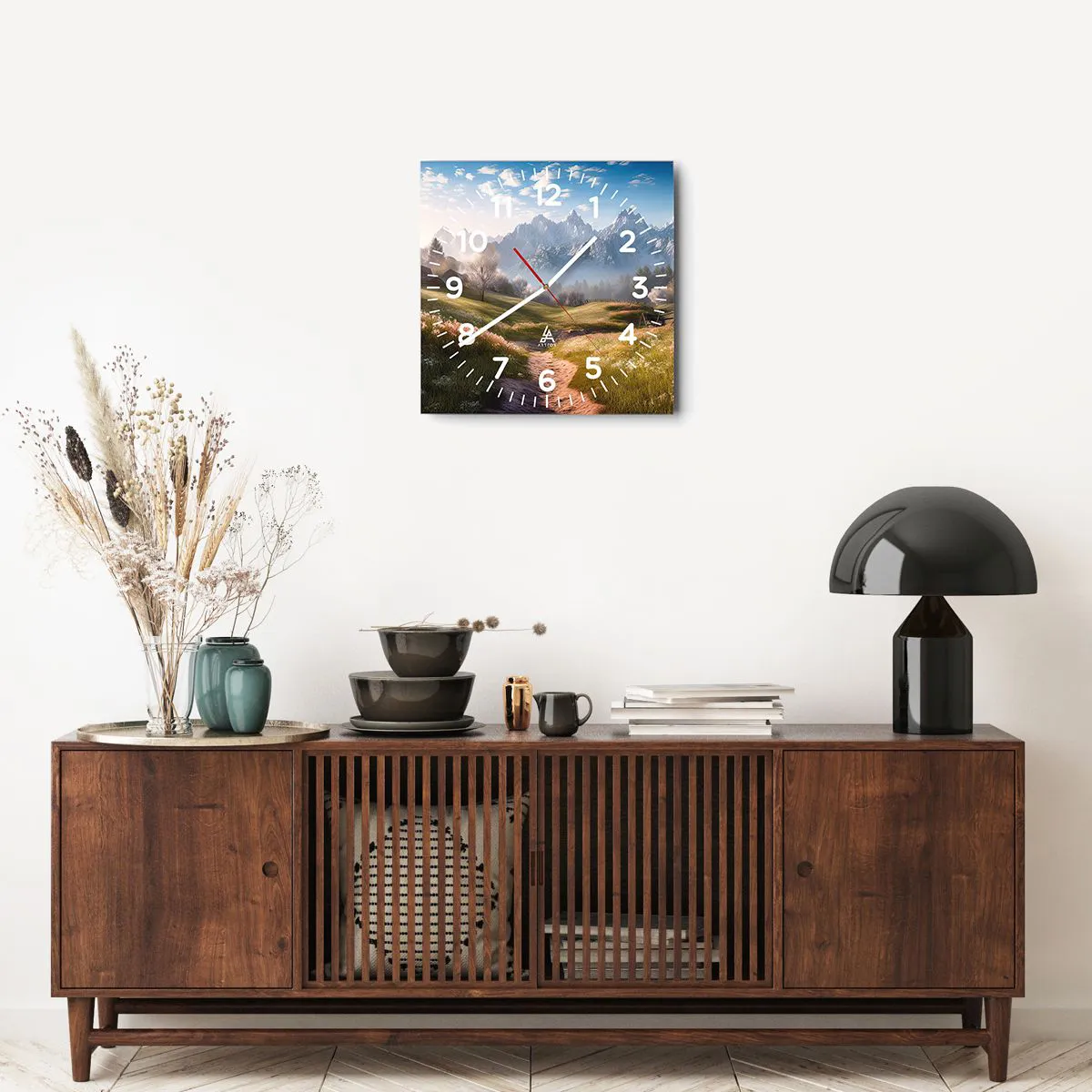 Wanduhr - Glasuhr - Idyllisches Tal - 40x40 cm