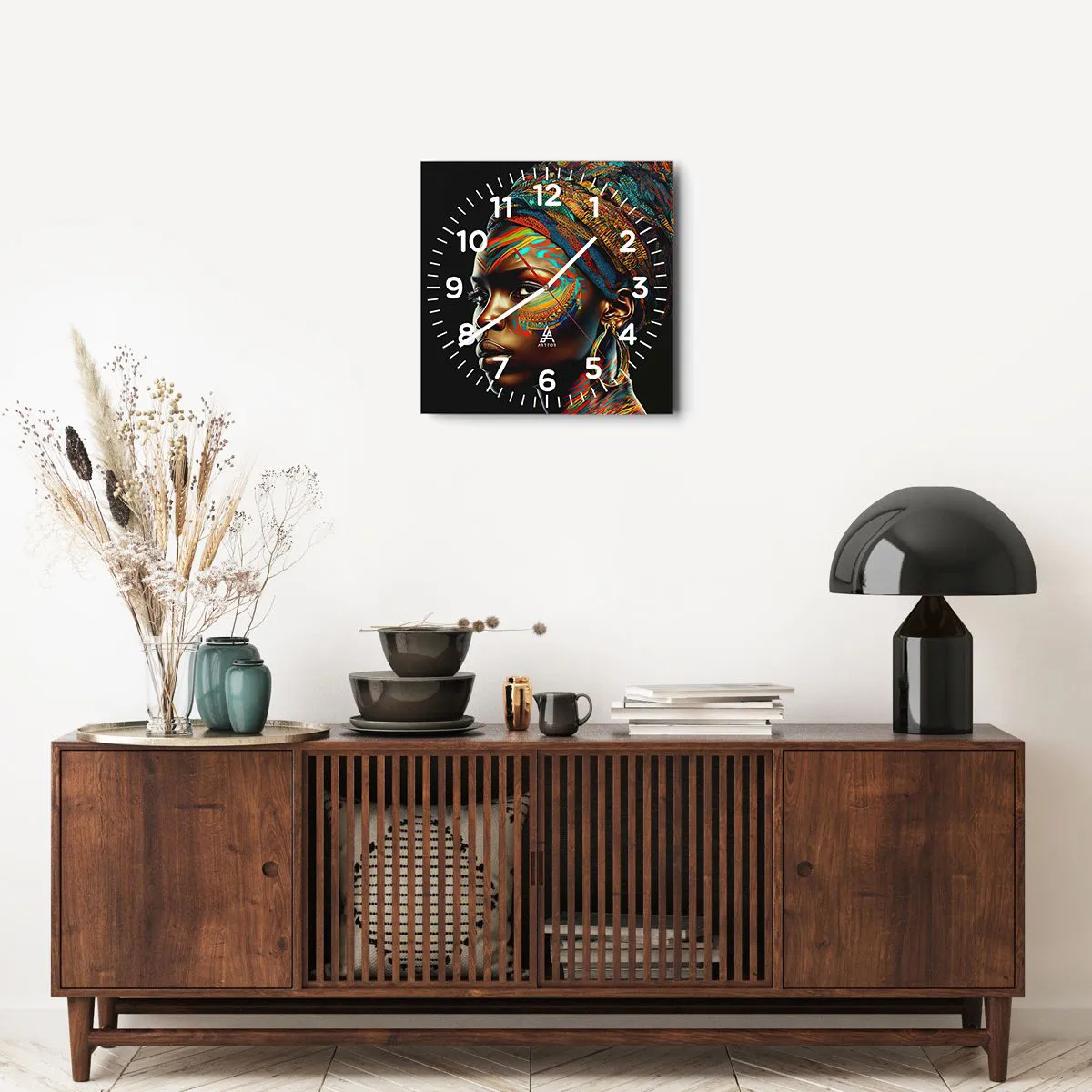 Ceas de perete - Ceas pe sticlă - Regina africană - 40x40 cm