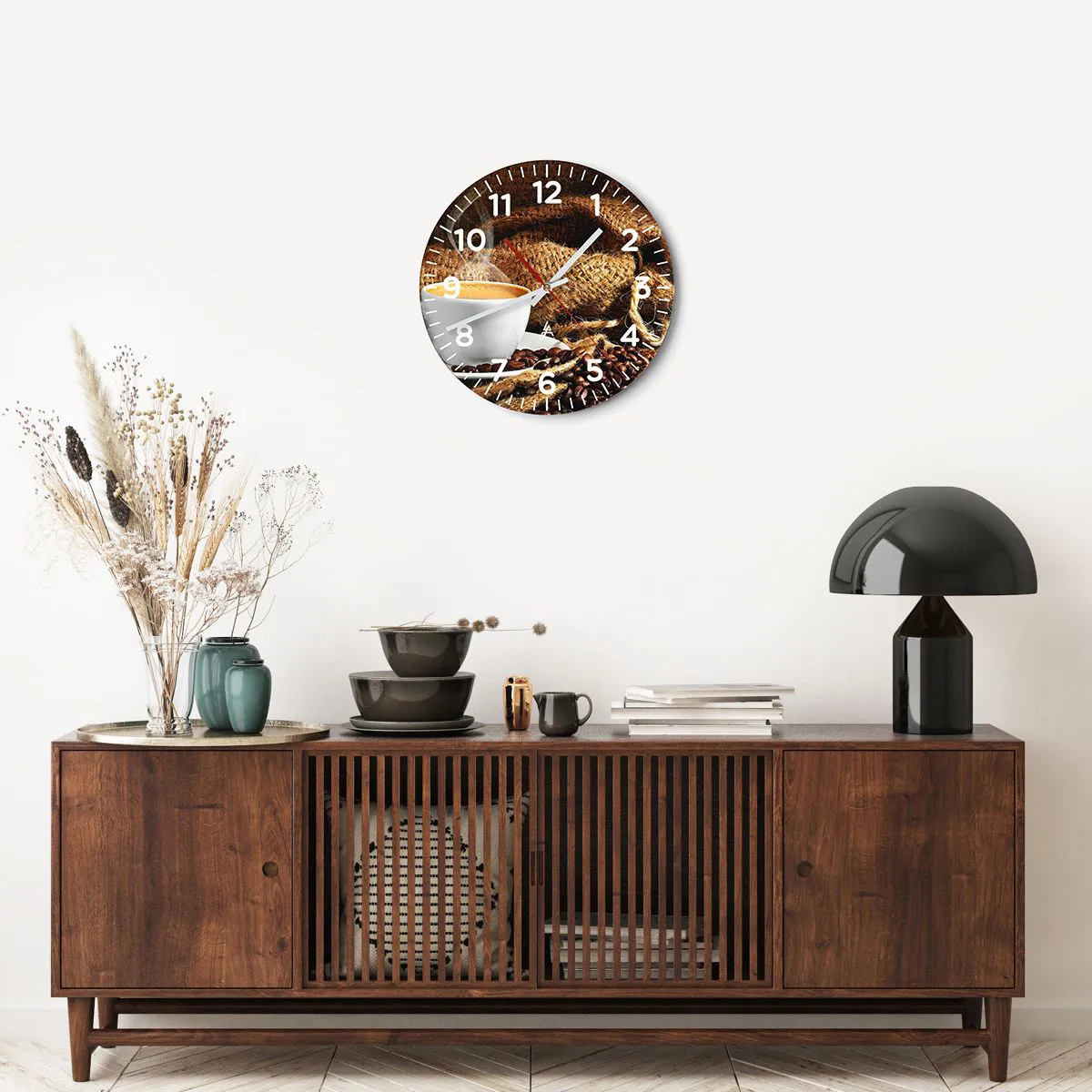 Wall clock - Clock on glass - Smell of a Mocha and Density of a Honey Drink - 40x40 cm
