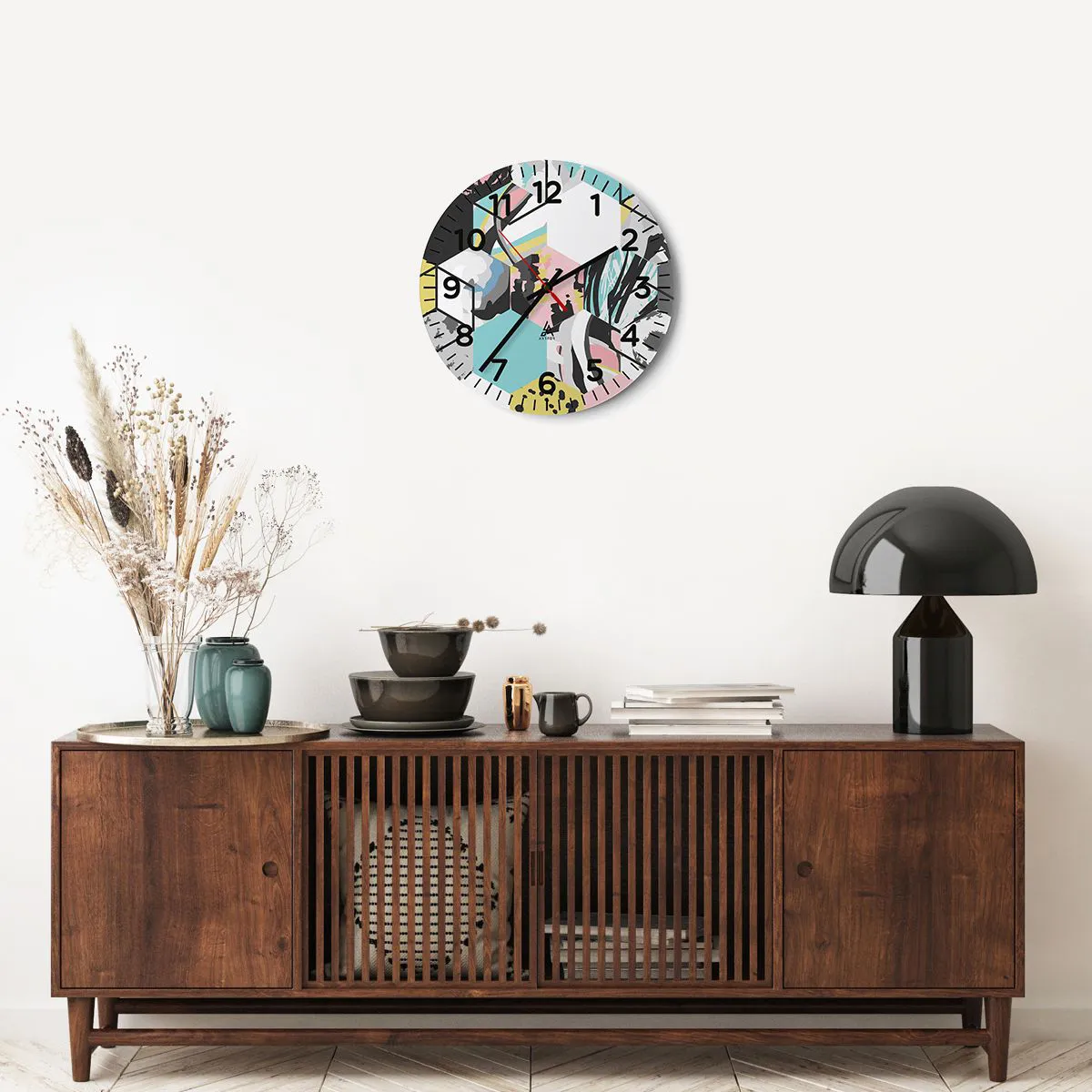 Wall clock - Clock on glass - Hexagons and Cubes in Six Colours - 40x40 cm