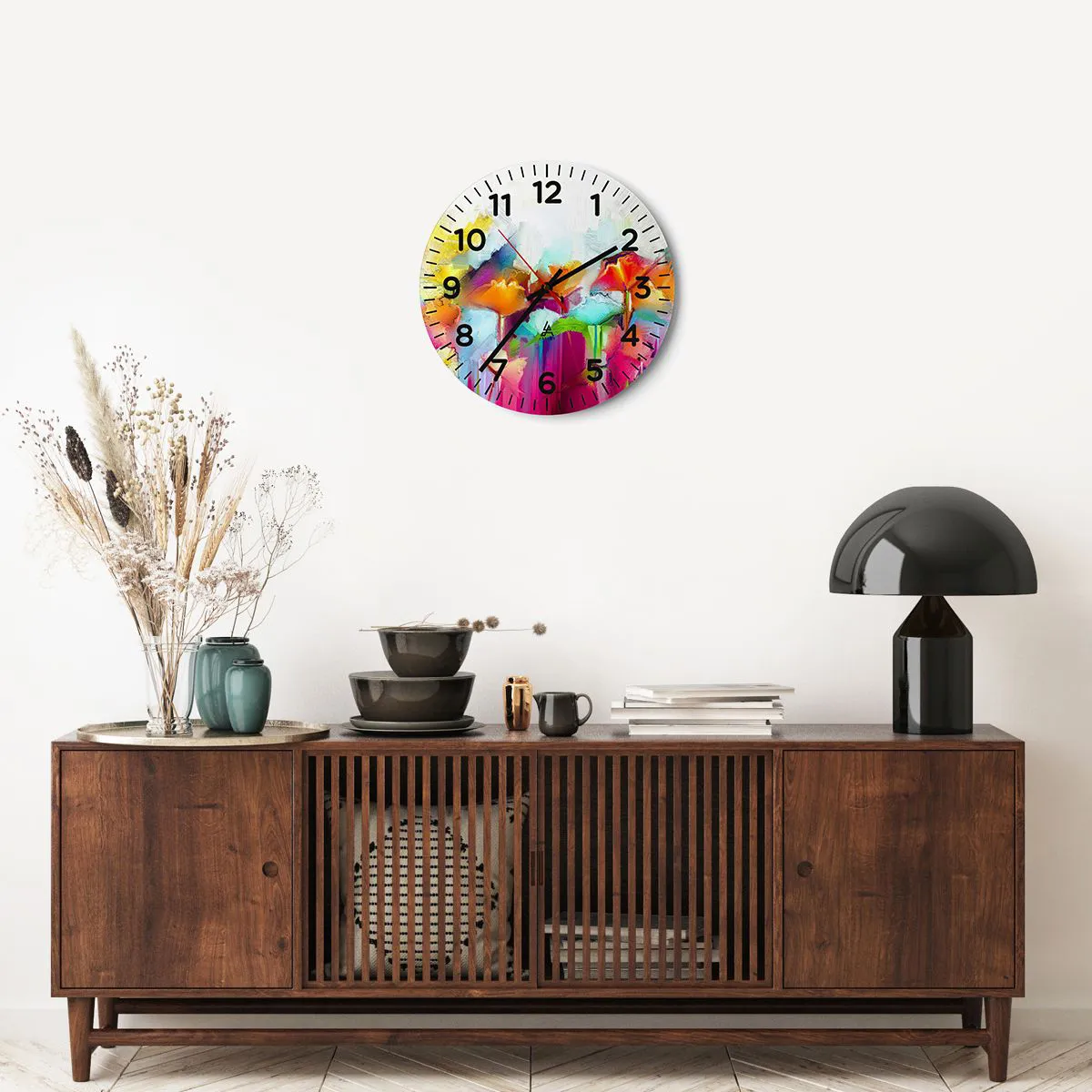 Ceas de perete - Ceas pe sticlă - Curcubeul înflorit - 40x40 cm