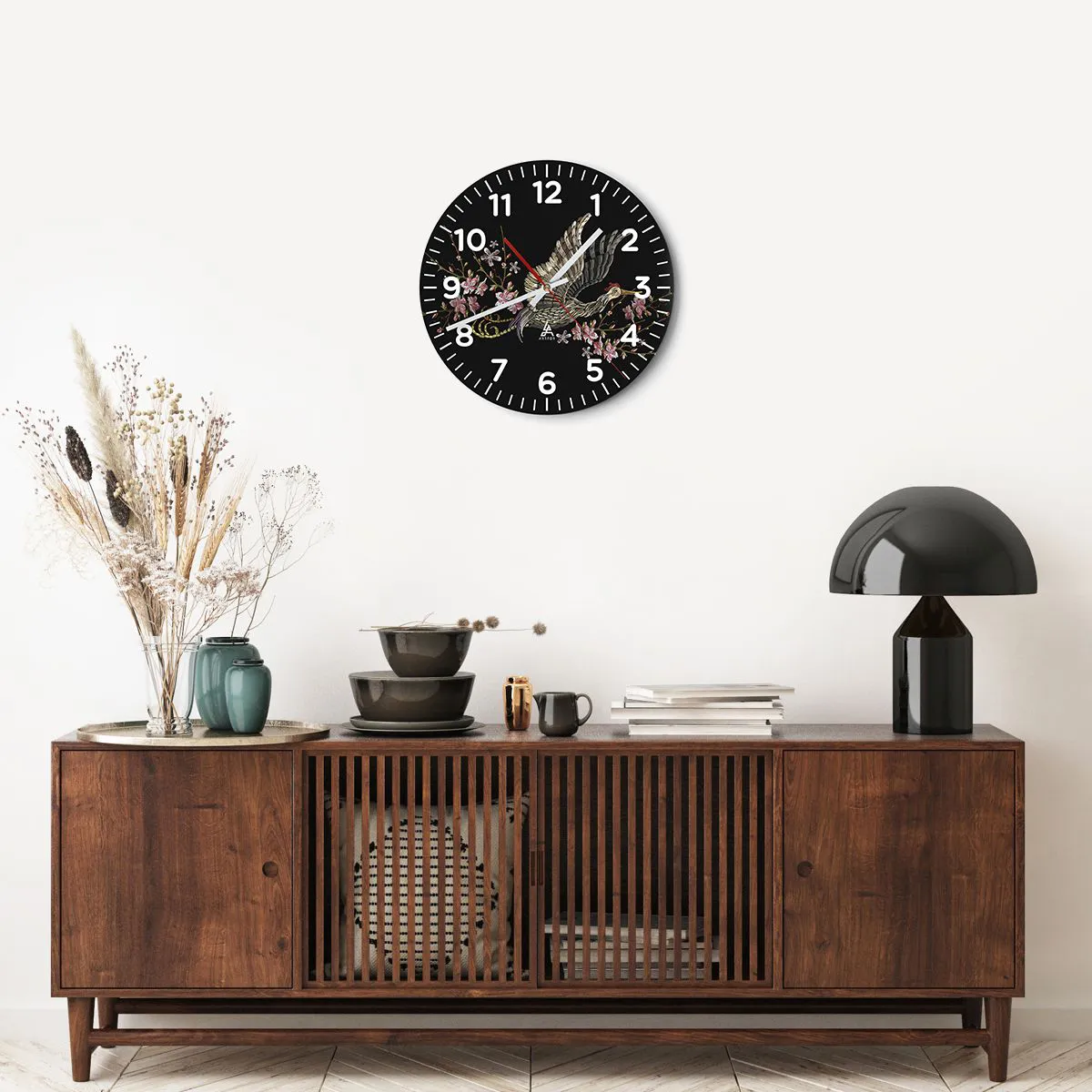 Wanduhr - Glasuhr - Exotischer gestickter Vogel - 40x40 cm