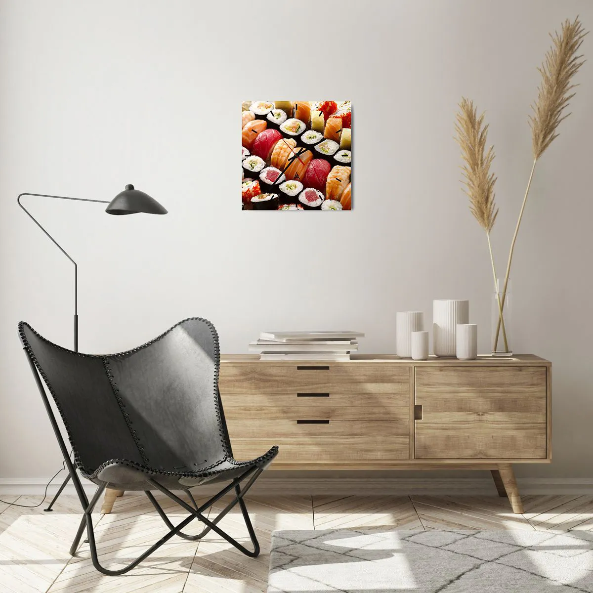 Reloj de pared - Reloj de vidrio - Sushi colorido dispuesto en filas con diversos ingredientes. - 30x30cm - Colores y sabores de Asia - Decoración de pared moderna para salón y dormitorio ARTTOR