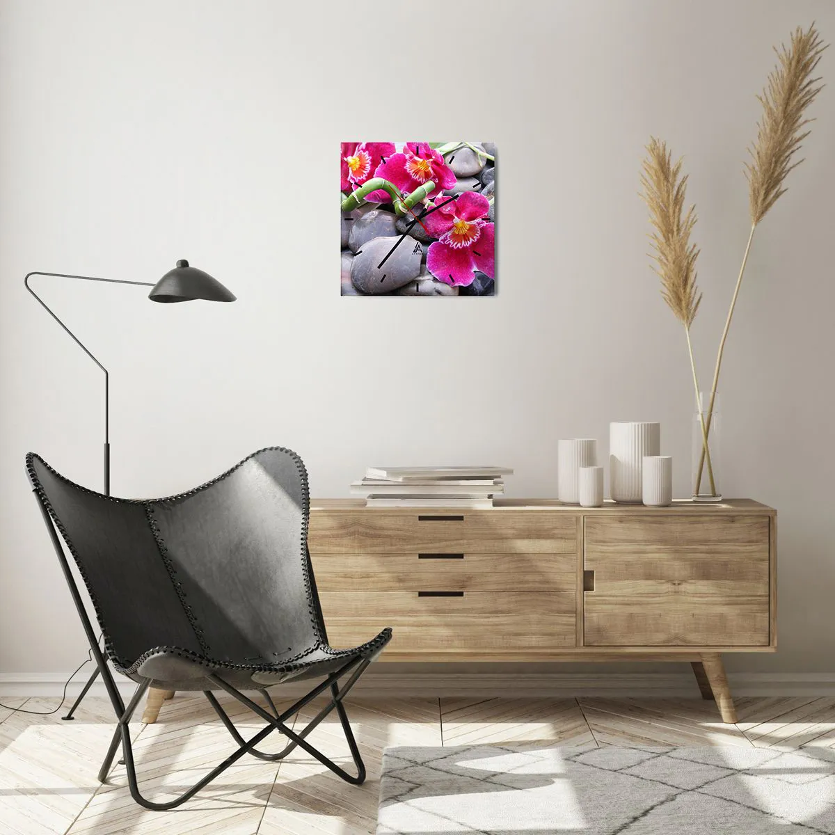 Horloge murale - Pendule murale - Orchidées roses sur fond de pierres lisses - 30x30cm - Refroidir et chauffer - Décoration murale moderne pour le salon et la chambre ARTTOR