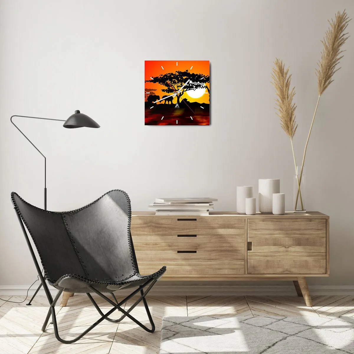Orologio da parete - Orologio in Vetro - Tramonto africano con sagome di elefanti e giraffe sull'acqua - 30x30cm - Incontro nella savana - Decorazione murale moderna per soggiorno e camera da letto ARTTOR