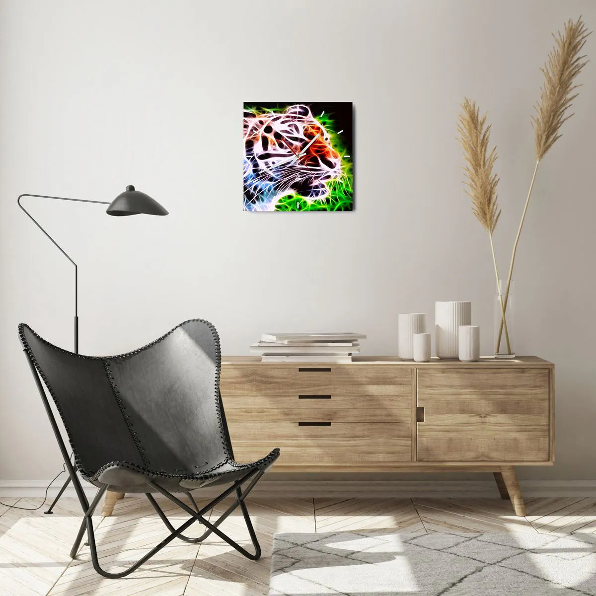 Wanduhr - Glasuhr - Farbenfrohes künstlerisches Porträt eines Tigers im Neonstil auf schwarzem Hintergrund. - 30x30cm - Schreckliche Aura - Moderne Wanddekoration für Wohnzimmer und Schlafzimmer ARTTOR