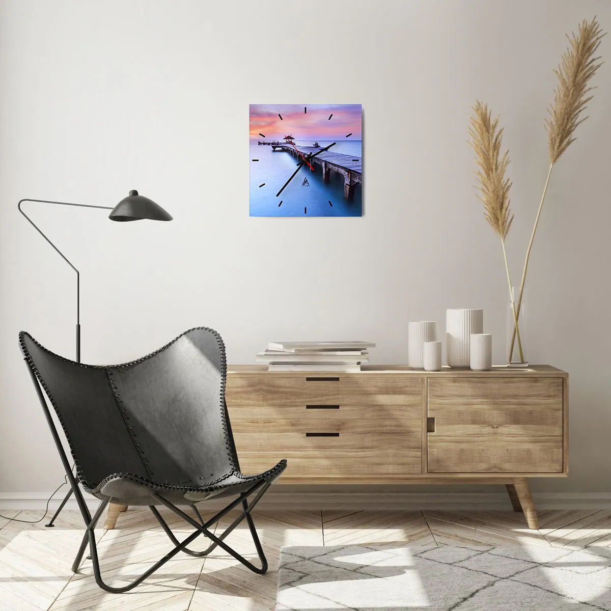 Reloj de pared - Reloj de vidrio - Muelle de madera que conduce al agua durante la puesta de sol. - 30x30cm - Un mar de calma hasta el horizonte - Decoración de pared moderna para salón y dormitorio ARTTOR