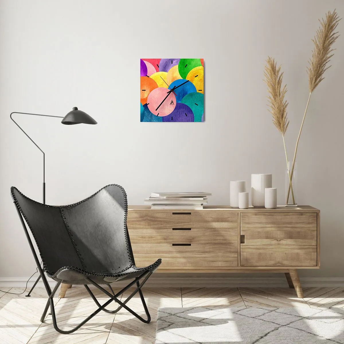 Reloj de pared - Reloj de vidrio - Círculos coloridos en estilo acuarela - 30x30cm - La plenitud original de la vida - Decoración de pared moderna para salón y dormitorio ARTTOR