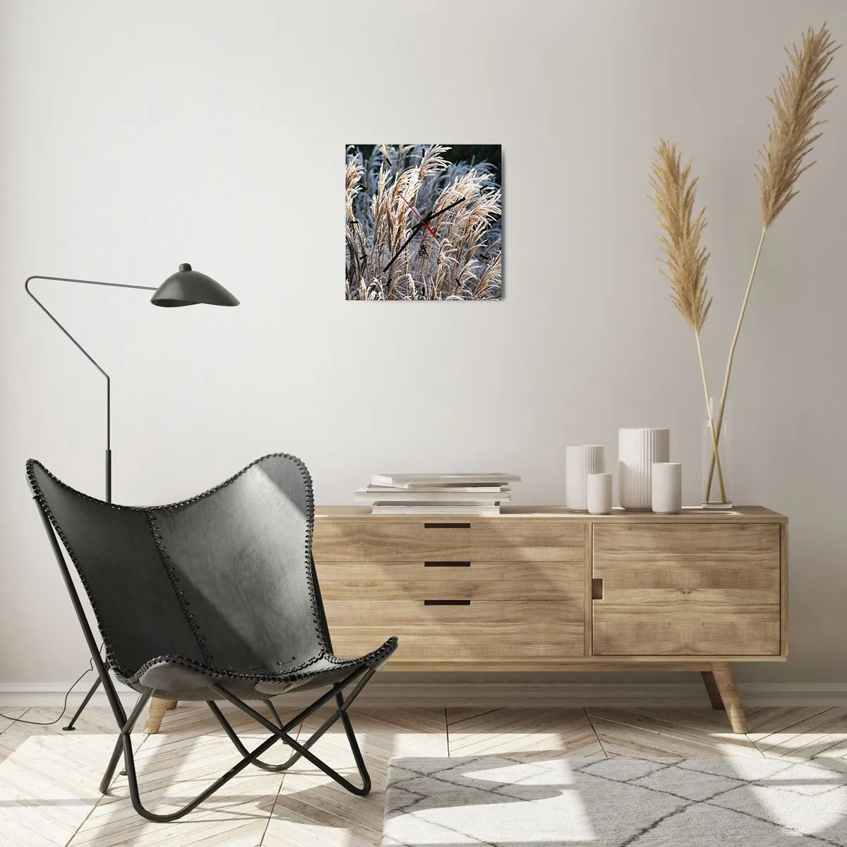 Orologio da parete - Orologio in Vetro - Fili d'erba invernali ricoperti di brina su uno sfondo verde scuro - 30x30cm - Vestite di brina - Decorazione murale moderna per soggiorno e camera da letto ARTTOR