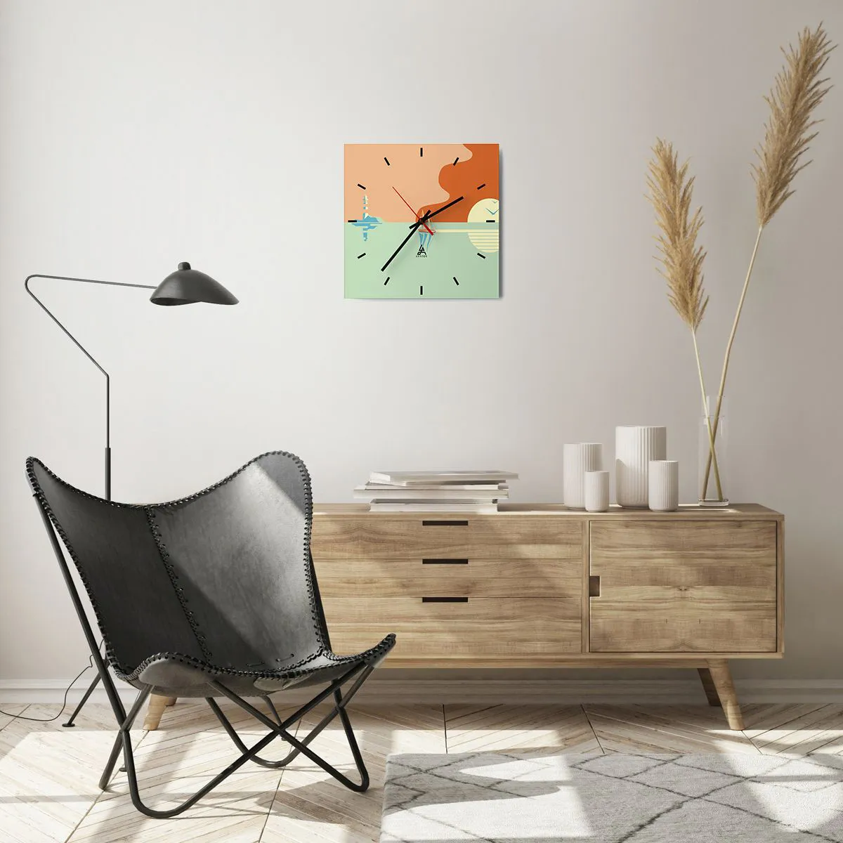 Horloge murale - Pendule murale - Un paysage marin minimaliste avec un voilier et un coucher de soleil - 30x30cm - Paysage idéal de la mer - Décoration murale moderne pour le salon et la chambre ARTTOR