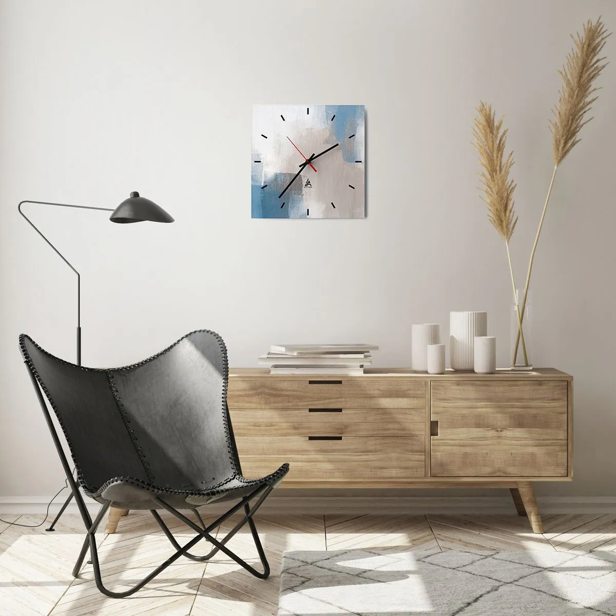 Ceas de perete - Ceas pe sticlă - Abstracție roz în spatele unui voal de albastru - 30x30 cm